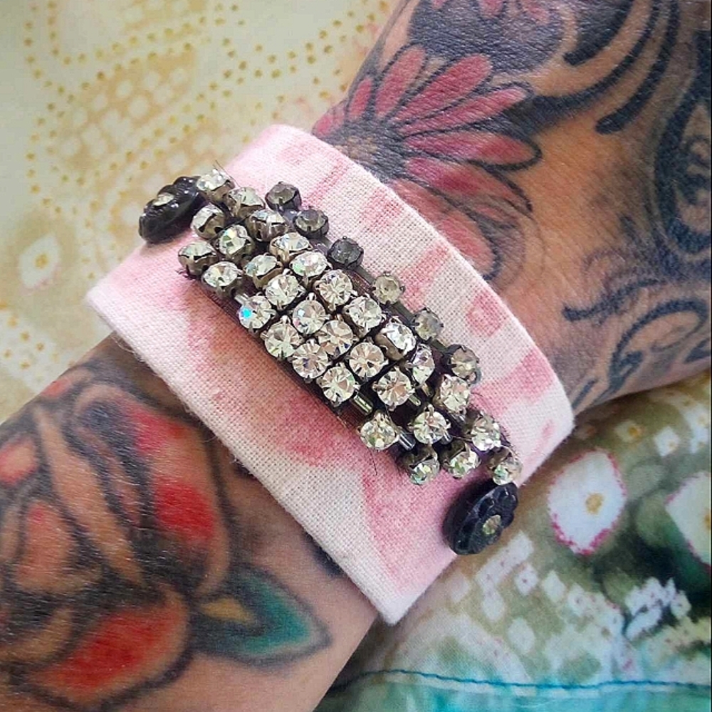 ❤ Artisan Handmade Vintage Sugar Sack Soft Rhinestone Cuff Bracelet